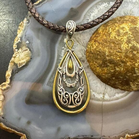 Carolyn Pollack Sterling & Brass Decorated Teardrop Enhancer Pendant For Women - Picture 2 of 10